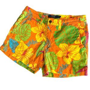 Polo Ralph Lauren Women's Linen Blend Shorts Orange Tropical Print Size 4 Beach